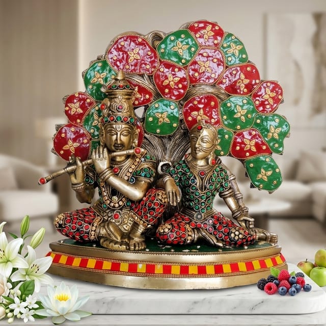 Brass Showpiece Radha Krishna with Tree God Idol Statue  - 11.7*4.7*11.7 inch (BS1548 E)