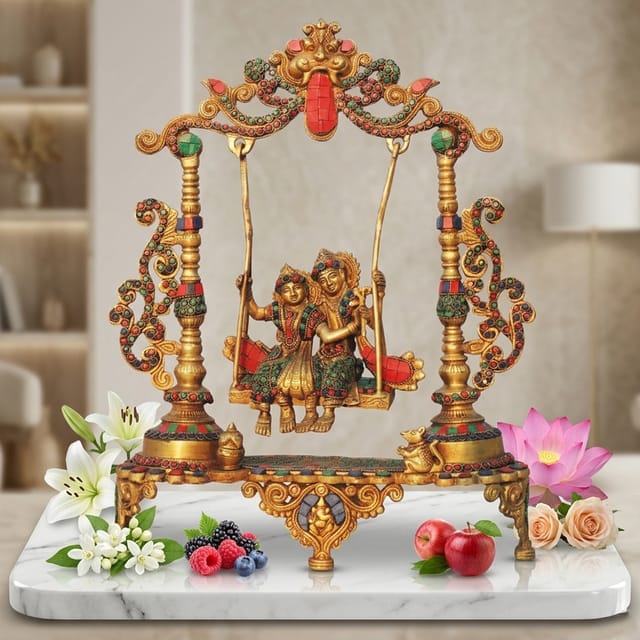 Brass Showpiece Radha Krishna Jhula Stone God Idol Statue - 14.5*4*18.5 Inch (BS1629 D)