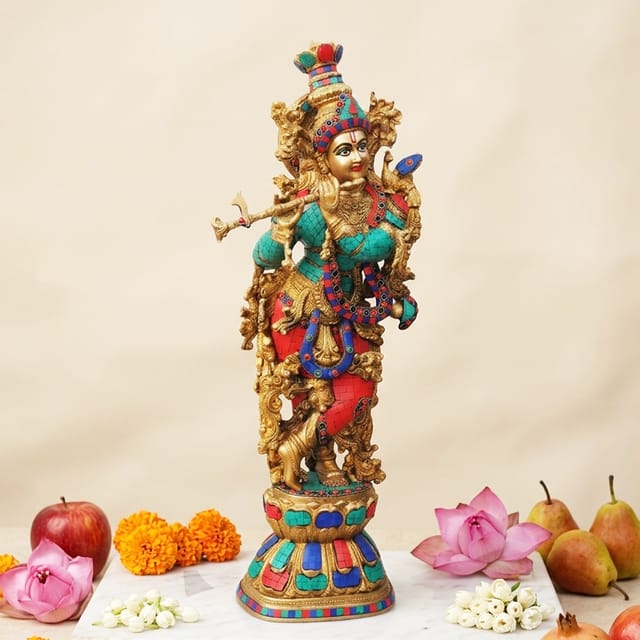Brass Showpiece Krishna stone finish idol - 11*6.5*28 Inch (BS467 K)