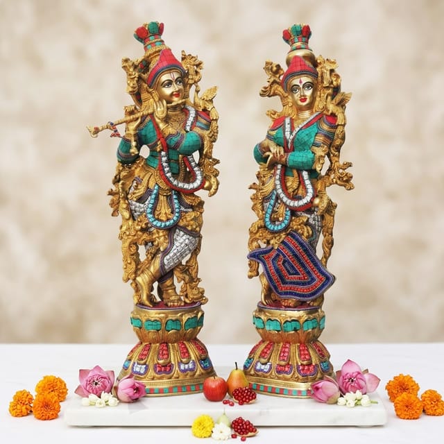 Brass Showpiece Radha Krishna Pair Statue With Coral Stone Finish - 9.8*6.5*28 Inch (BS468)