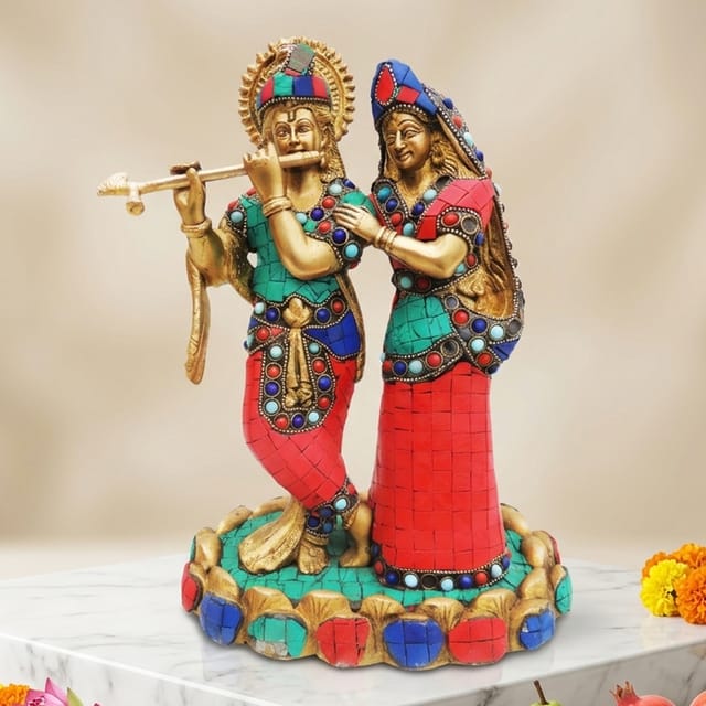 Brass Showpiece Radha krishna 1.Base Stone work God Idol Statue  - 8*5*11 inch (BS518)