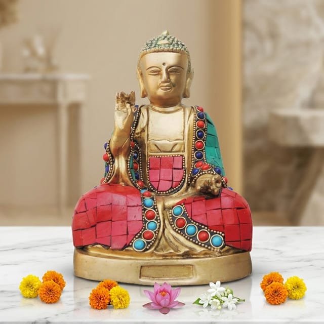 Brass Showpiece Budha Stone Statue With Turquoise Coral Stone Finish - 4.5*4*7.2 Inch (BS948 B)