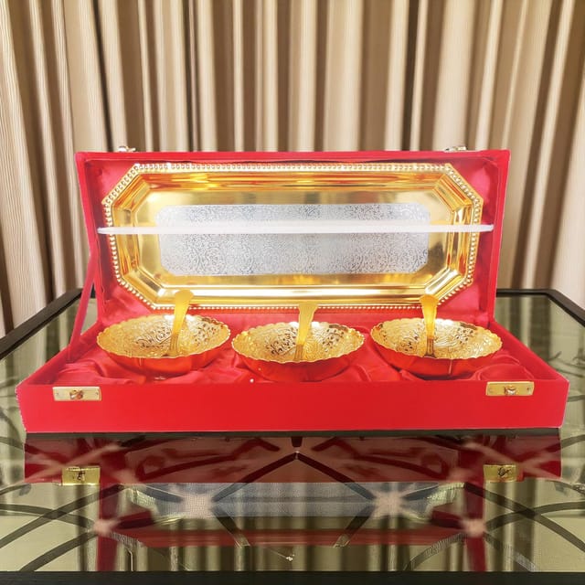 Decorative Brass 3 Pcs. Decoratice Bowl Set With Velvet Box  - 14*6*2.5 inch (B285 C)