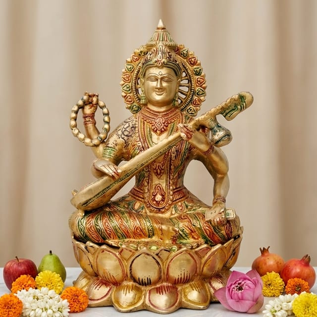 Brass Showpiece Saraswati Ji God Idol Statue  - 7.8*6.5*11 inch (BS034)