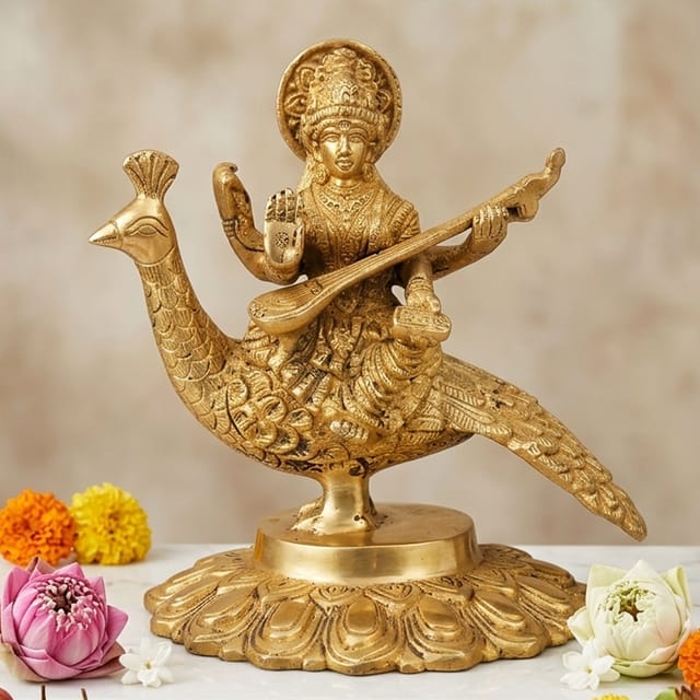 Brass Saraswati on Peacock-6.7*4.5*6.6  (BS931 B)