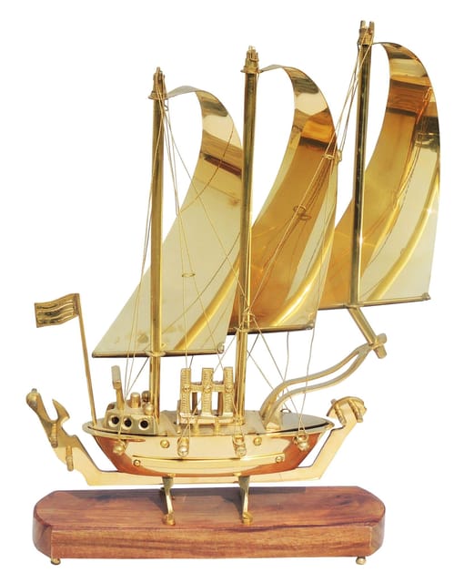 Brass Table Decor Showpiece Ship With Wooden Base - 11*3.2*15.2 inch (MR129 B)