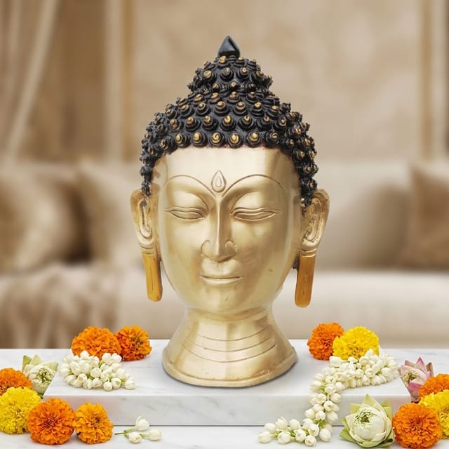 Brass Showpiece Budha Head Statue With Antique Finish - 8.5*7.5*15 Inch (BS581 B)