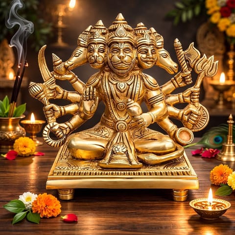 Brass Panchmukhi Hanuman Ji Idol Murti Statue - 8*4.5*7.3 Inch (BS1039 X)