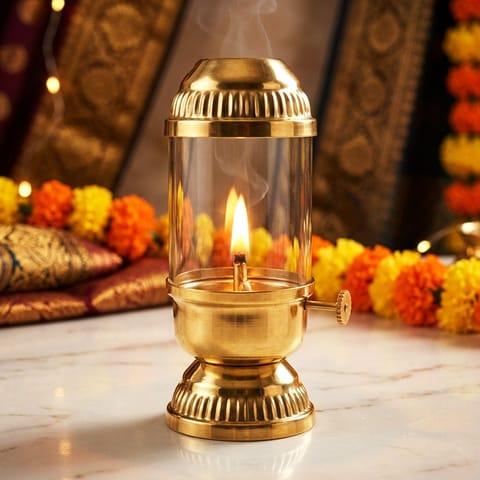 Brass & Glass Deepak With Chimney - 5*4*9 Inch (Z647 C)