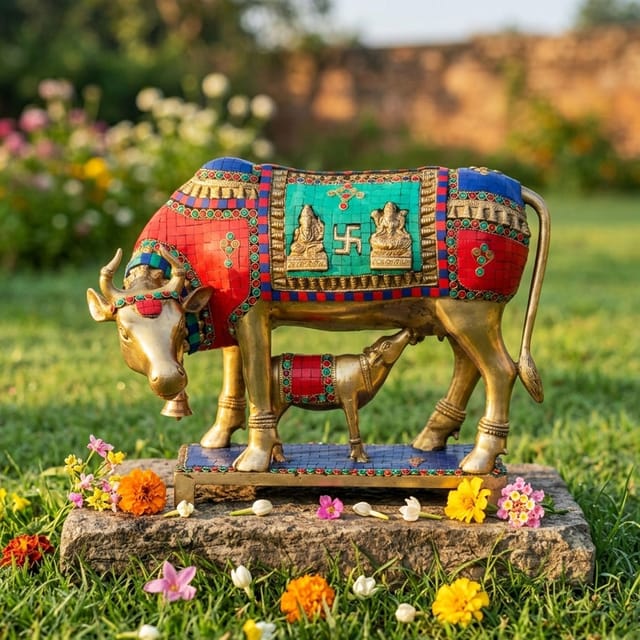Brass Showpiece Cow with Calf Stone Statue - 17.5*10.5*13 inch (BS804 B)
