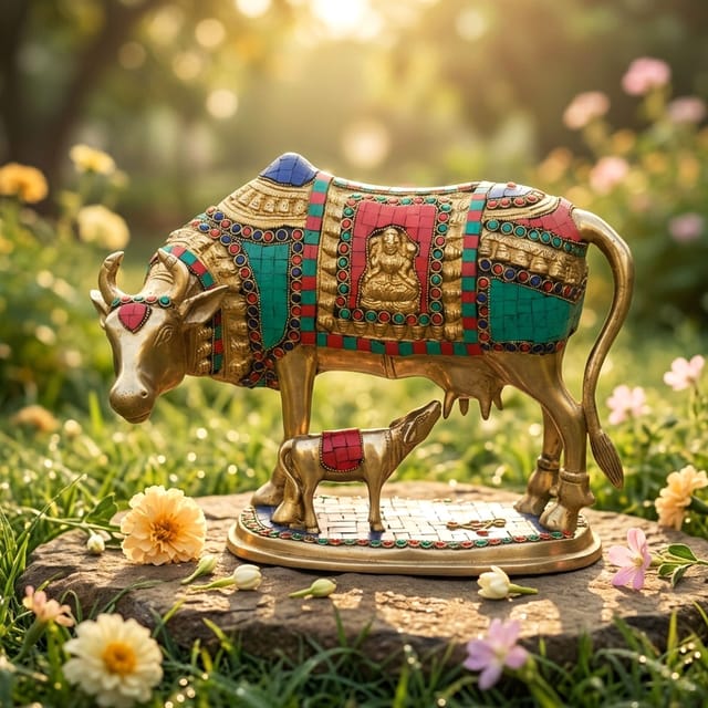 Brass Showpiece Cow with Calf Stone Statue - 14*8*10 inch (BS804 A)