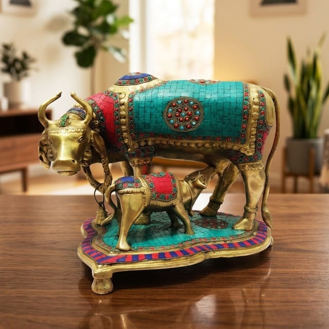 Brass Showpiece Gaye Bachadha Stone Big Statue - 14.5*13*13.5 inch (BS146)
