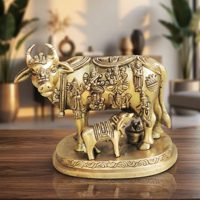 Brass Showpiece Cow With Calf Statue - 6*3.7*5.2 inch (BS984 B)