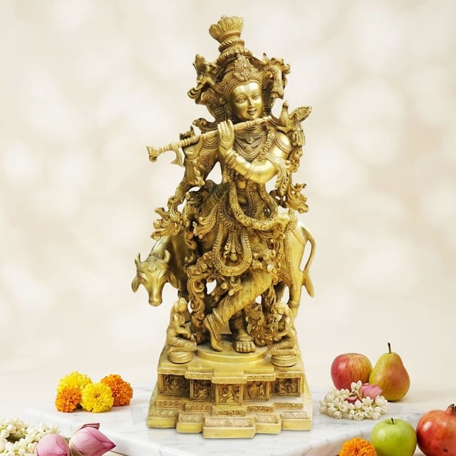 Brass Showpiece Cow With krishna God Idol Statue  - 14*11.5*28 inch (BS300)