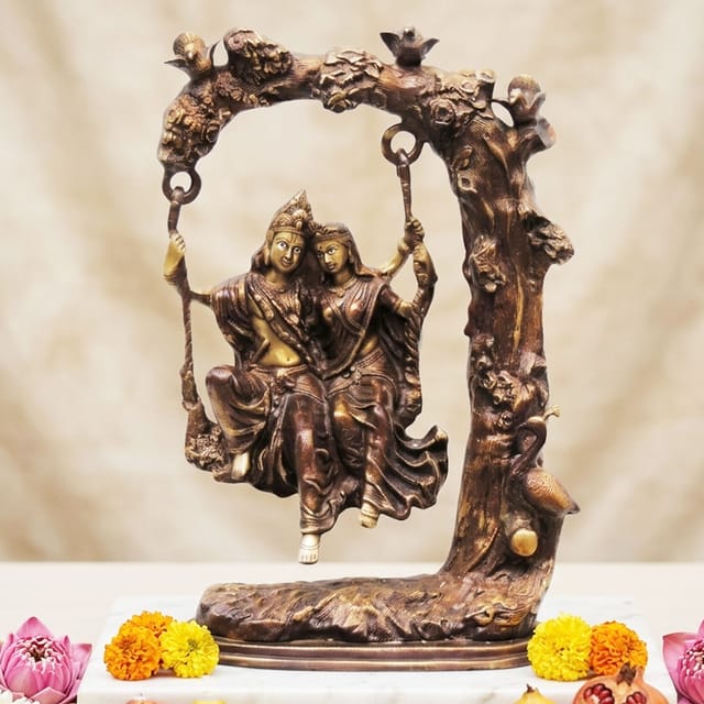 Brass Showpiece Radha Krishna tree jhula antique God Idol Statue  - 12.5*7.5*20 inch (BS474 B)