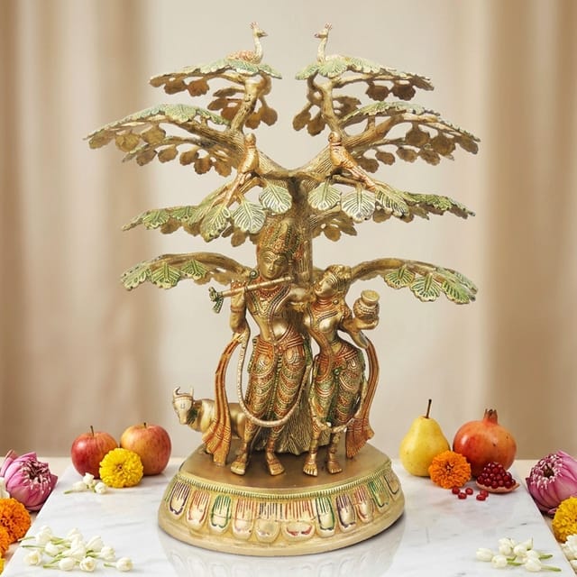 Brass Showpiece Tree Radha krishna with cow God Idol Statue  - 15.5*12.5*19.4 inch (BS828 C)