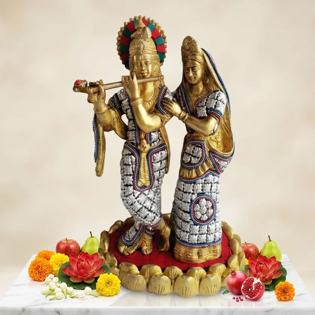 Brass Showpiece Radha Krishna same base stone God Idol Statue  - 7.7*4.8*10.7 inch (BS182)