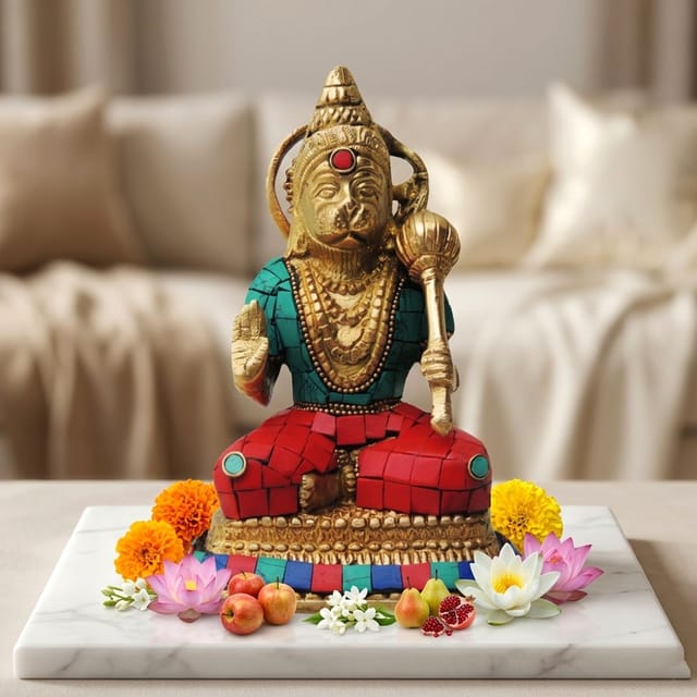 Brass Showpiece Hanuman Ji With Turquoise Coral Stone Finish Statue - 3*5*6.5 Inch (BS433)