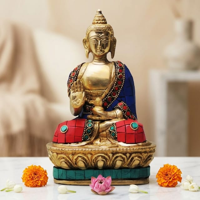Brass Showpiece Budha Stone Statue With Turquoise Coral Stone Finish - 4*2.5*7 Inch (BS435)