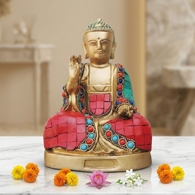 Brass Showpiece Budha Stone Statue With Turquoise Coral Stone Finish - 4.5*4*7.2 Inch (BS948 B)