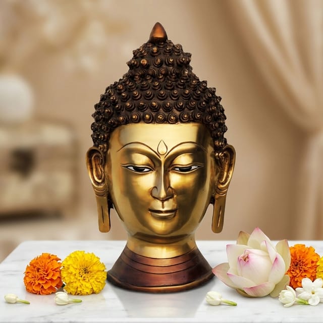 Brass Showpiece Budha Head Statue With Antique Finish - 8.5*7.5*15 Inch (BS581 A)