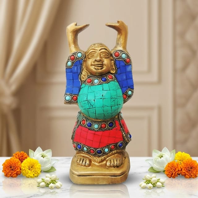 Brass Showpiece Laughing Buddha Statue With Turquoise Coral Stone Finish - 3.7*2.7*8 Inch (BS325 F)