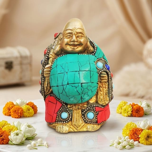 Brass Showpiece Laughing Buddha Statue With Turquoise Coral Stone Finish - 2.5*2*3.8 Inch (BS325 C)