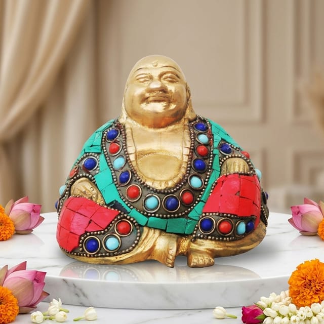 Brass Showpiece Laughing Buddha Statue With Turquoise Coral Stone Finish - 4.4*2.6*4 Inch (BS325 A)
