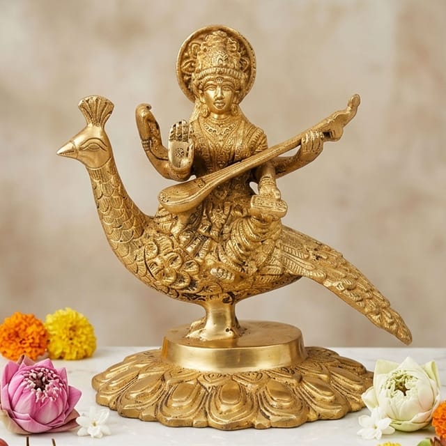 Brass Saraswati on Peacock-6.7*4.5*6.6  (BS931 B)