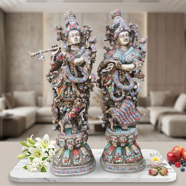 Brass Radha Krishna Stone Silver Antique-10*6.3*28.5 (BS302)