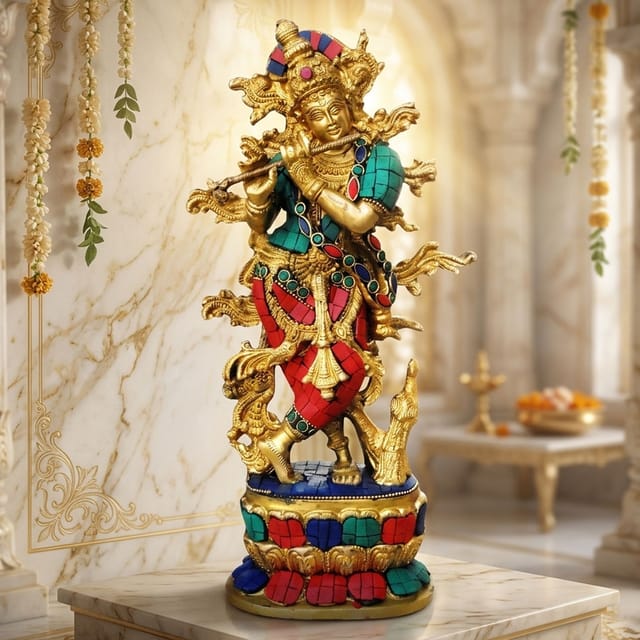 Brass Krishna Stone idol-3.5*4.5*12 (BS432)