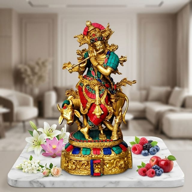 Brass Cow Krishna Stone idol-5.5*6*12.5 (BS431)