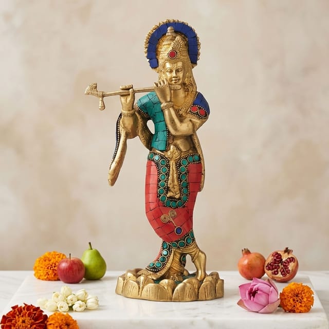 Brass Krishna Stone Idol-4.5*4.5*11 (BS427 A)