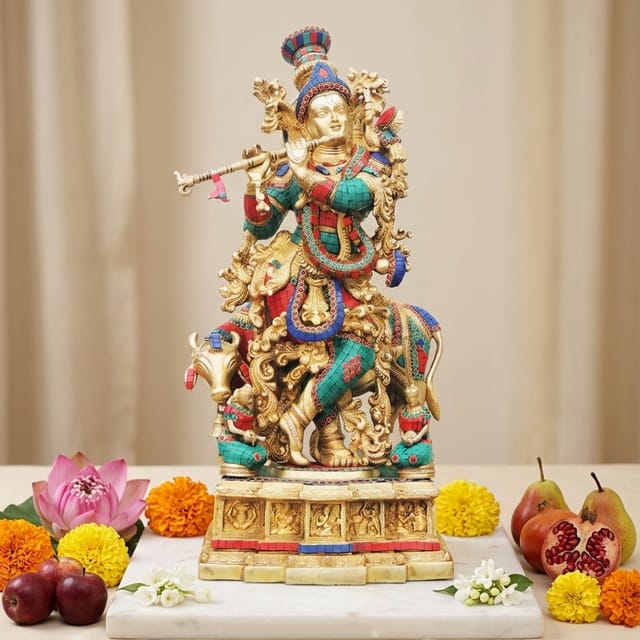 Brass Cow krishna Big stone Idol-13.5*11.8*28.5 (BS300 B)