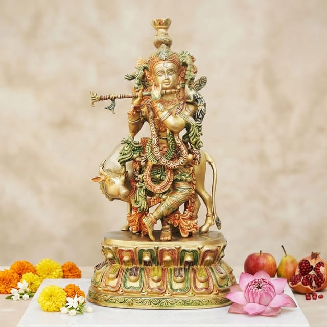 Brass Krishna with Cow Big Idol-11.8*7*20.5 (BS690 B)