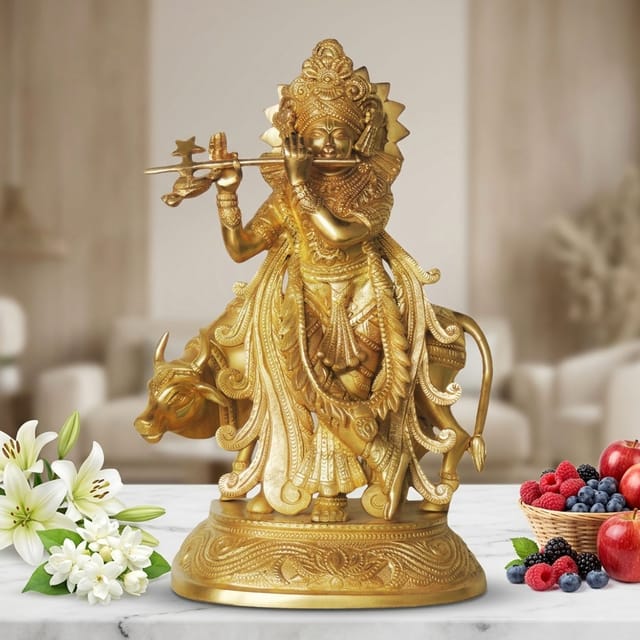 Brass Showpiece Cow Krishna Statue - 7.5*6*13.8 Inch (BS003)