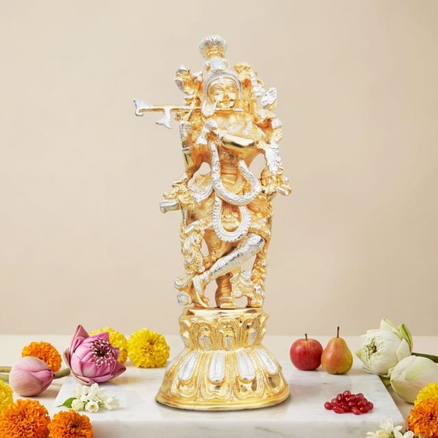 Brass Showpiece Krishna In Two Tone Finish Statue - 7.5*4.5*17.5 Inch (BS473 B)