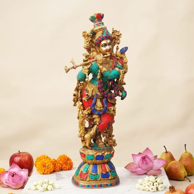 Brass Showpiece Krishna stone finish idol - 11*6.5*28 Inch (BS467 K)