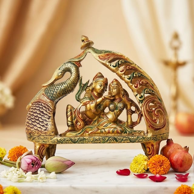 Brass Showpiece Radhe Krishna on Peacock Singhasan statue God Idol  - 9.5*3.5*9 Inch (BS1381 C)