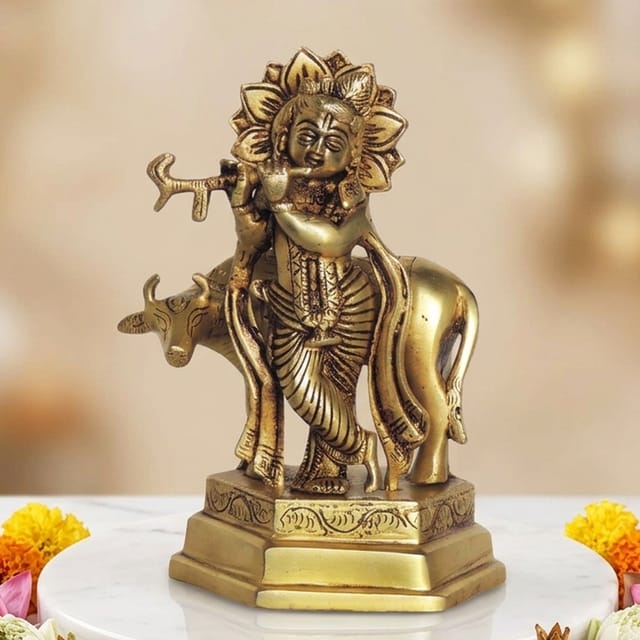 Brass Showpiece Cow Krishna God Idol Statue - 4.5*3.2*6.6 Inch (BS1391 E)