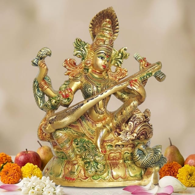 Brass Showpiece Saraswati Color God Idol Statue - 8*4*10.5 Inch (BS1413 L)