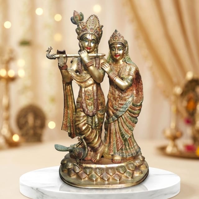 Brass Showpiece Radha Krishna on One Base idol statue - 17*12.5*29 Inch (BS1501 A)