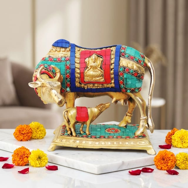 Brass Gaye Bachadha Stone Statue - 9.8*6.5*8.2 Inch (BS145)