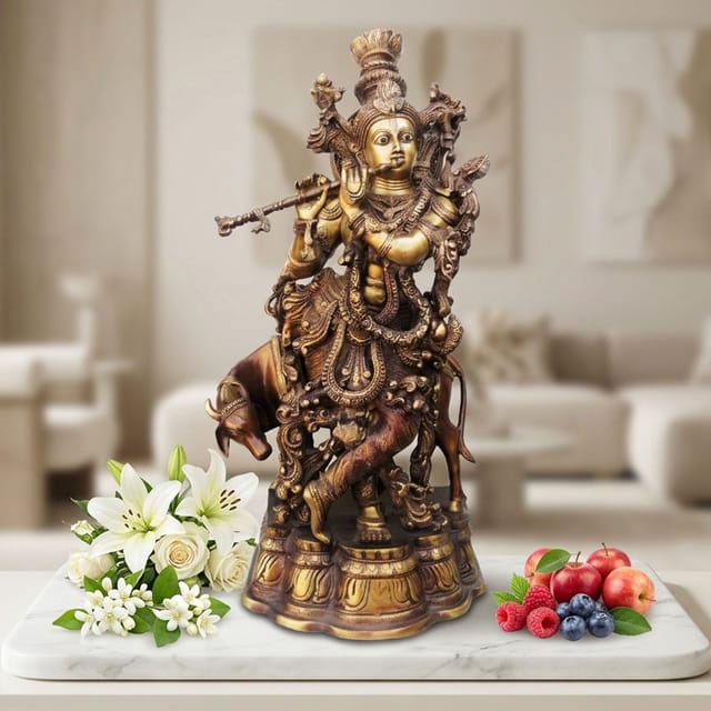 Brass Showpiece Cow With Krishna God Idol Statue - 13*8.5*26 Inch (BS583)