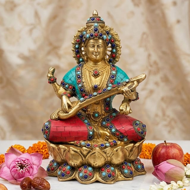 Brass Showpiece Saraswati Ji God Idol Statue  - 8*6.8*10.5 inch (BS054)