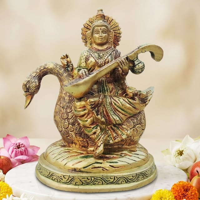 Brass Showpiece Saraswati Ji on Swan God Idol Statue  - 6*4*7.2 inch (BS931 C)