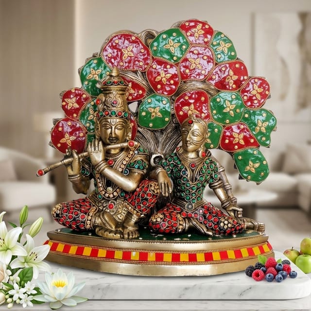 Brass Showpiece Radha Krishna with Tree God Idol Statue  - 11.7*4.7*11.7 inch (BS1548 E)