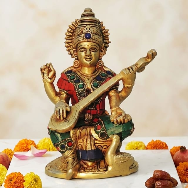 Brass Showpiece Saraswati ji idol statue with Stone finish - 4.5*2.6*6.5 Inch (BS1006 S)