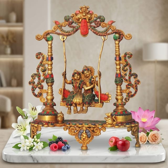 Brass Showpiece Radha Krishna Jhula Stone God Idol Statue - 14.5*4*18.5 Inch (BS1629 D)