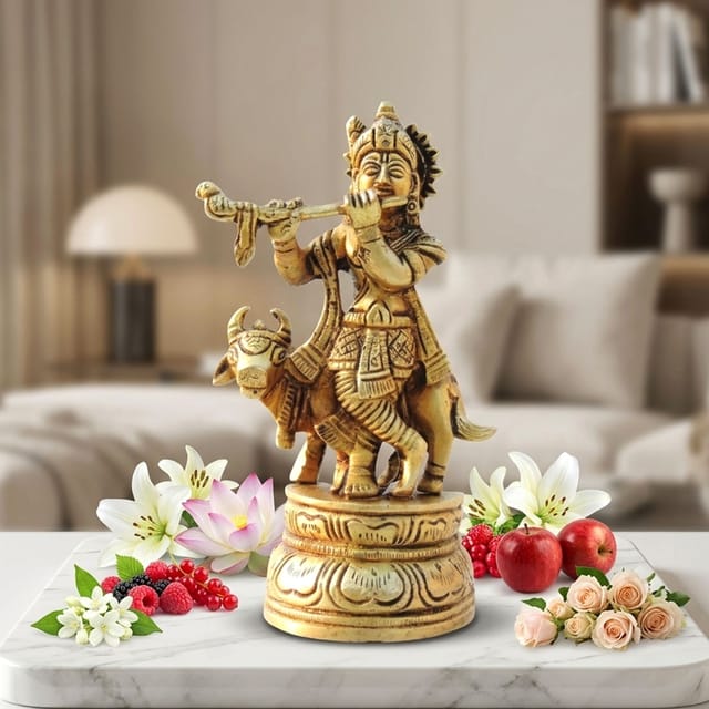 Brass Showpiece Cow Krishna Small God Idol Statue - 2.5*1.5*4.5 Inch (BS802 C)